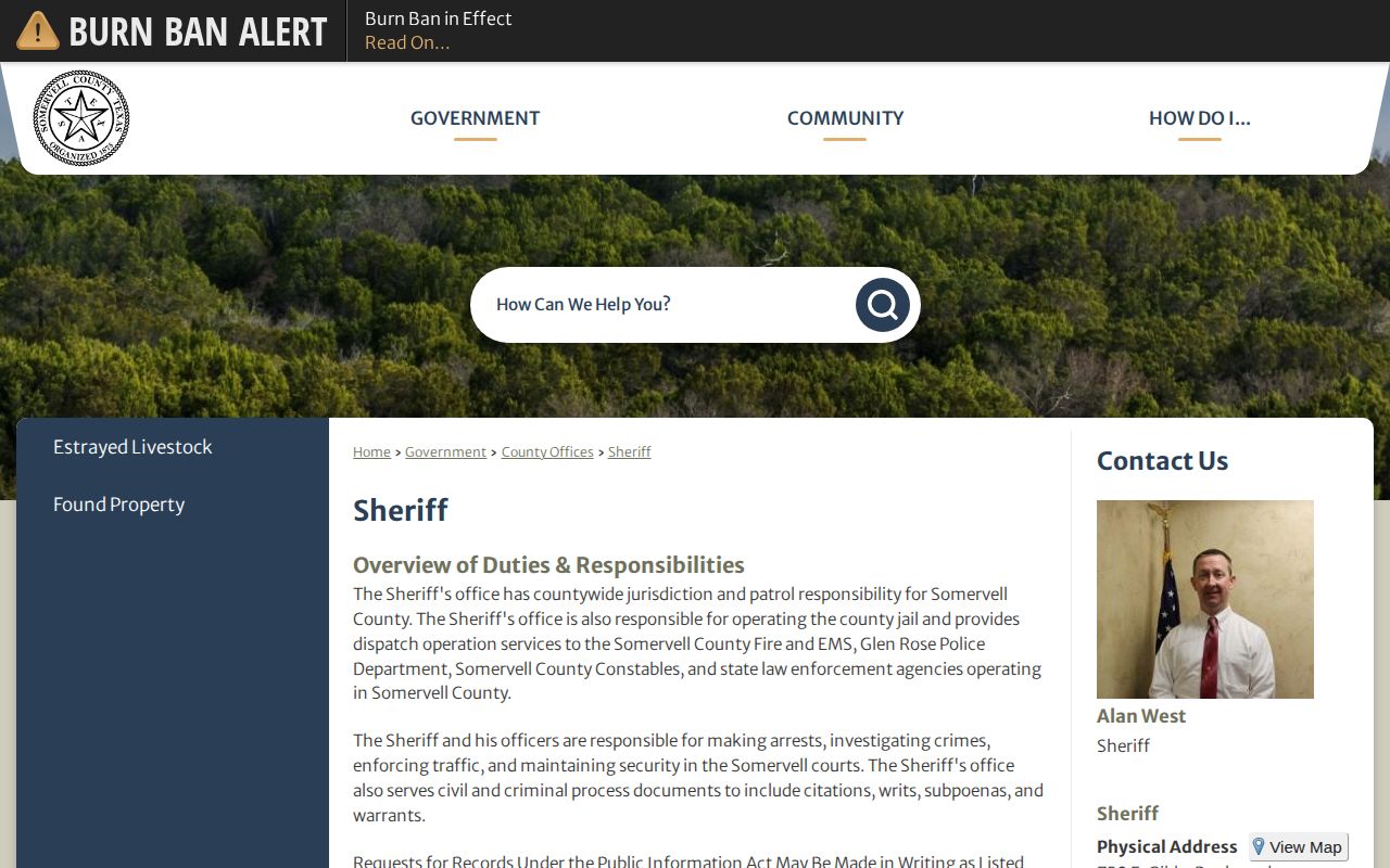 Somervell County Sheriff 24-hour release records access page